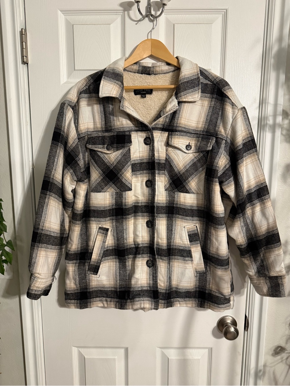 Love Tree Black & Cream Plaid Teddy-Lined Shacket